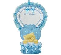 FIOCCO NASCITA COCCARDA MONGOLFIERA CON TELA AIDA DA RICAMARE IL NOME DEL BEBE' AZZURRO Lavorato del tutto a mano