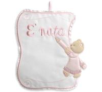 Fiocco nascita da ricamare a punto croce, Coccarda nascita con tela aida da personalizzare nome neonato, Coccarda nascita per punto croce, Pergamena orso (05 Rosa)