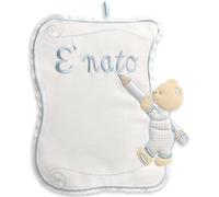 Fiocco nascita da ricamare a punto croce, Coccarda nascita con tela aida da personalizzare nome neonato, Coccarda nascita per punto croce, Pergamena orso (07 Azzurro)