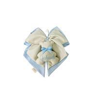 Fiocco nascita doppio celeste pois e beige pois con cuore ricamato e piccoli pendenti stelline