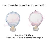 FIOCCO NASCITA MONGOLFIERA CON ORSETTO COCCARDA TELA AIDA RICAMO REGALO NEONATO