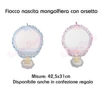 FIOCCO NASCITA MONGOLFIERA CON ORSETTO COCCARDA TELA AIDA RICAMO REGALO NEONATO