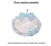 FIOCCO NASCITA SCARPETTE COCCARDA ROSA CELESTE TELA AIDA RICAMO REGALO AUGURI