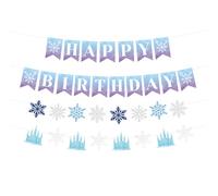 Fiocco Neve Happy Birthday Banner Set, Decorazioni Compleanno Invernali Pre-Infilate Ghirlanda Fiocco di Neve Glitter Castello Decor per Ragazze Principessa Regno Ghiaccio Natale Tema Festa