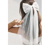Fiocco per capelli con perle, grande velo bianco, fermagli per capelli da sposa, damigella d'onore, regalo per addio al nubilato, accessori per capelli per matrimoni, code lunghe, veli vintage