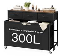 FIONESO Cesto Portabiancheria 4 Scomparti, 300 L Cesta Panni Sporchi con 3 Cassetti, Portabiancheria Sporca con Ruote & Sacche Estraibili, Porta Biancheria Sporca per Lavandería, Bagno, Ingresso