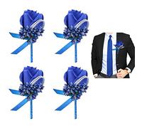 Fiore all'occhiello per matrimonio, fatto a mano, con spilla e clip (4 pezzi, blu reale)