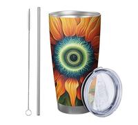 fiore con coperchio bicchiere Set Di 1 Artistico Astratto Boemia Evil Eye Girasole Botanico arancione verde Acciaio Metallo Caldo E Freddo No Spill Ufficio Outdoor Club Dormitorio Caffè tazza da bere