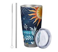 Fiore con coperchio bicchiere Set di 1 Astratto Boemia Botanico Foglie Luna Girasole Foglie blu arancione Isolato Can Cooler No Spill Isolato Scuola College asilo nido Senza stelo Doppia Parete 590 ml