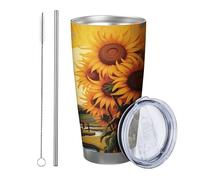 Fiore con coperchio bicchiere Set di 1 Boemia Astratto Girasole Foresta Foglie Tramonto Cottage Fiume giallo Verniciato a polvere Riutilizzabile No Spill Infrangibile Cortile Palestra all'aperto con