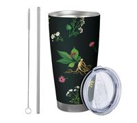 fiore con coperchio bicchiere Set di 1 campione botanico cottage foglie regolari floreale piuttosto nero verde in metallo inossidabile riutilizzabile senza fuoriuscite infrangibile cortile picnic