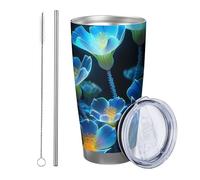 Fiore con coperchio bicchiere Set Di 1 Dreamy Bella Artistico Disegni Estetici Moderna Moda blu Isolato Metallo Caldo E Freddo No Spill Ufficio All'aperto Club Dormitorio Biblioteca Caffè bere tazza