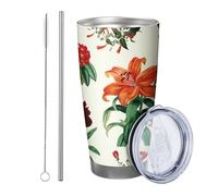 Fiore con coperchio bicchiere Set di 1 foglie floreali casale cottage pianta botanica esemplare verde rosso arancione verniciato a polvere caldo e freddo senza fuoriuscite ufficio all'aperto club