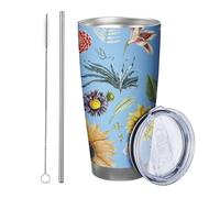 Fiore con coperchio bicchiere Set di 1 foglie tropicali girasole esemplare floreale bello artistico blu giallo verniciato a polvere caldo e freddo Nessuna fuoriuscita ufficio all'aperto club