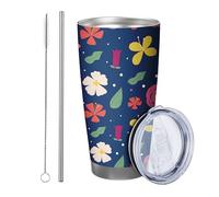 fiore con coperchio bicchiere Set Di 1 Kawaii Carino Cartone animato Floreale Foglie Bellissimo Modello Estetico blu rosa Acciaio Metallo No Spill Infrangibile Yard Outdoor Picnic con paglia Bevande