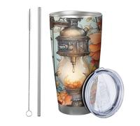Fiore con coperchio bicchiere Set di 1 Lampada ad acquerello Foglie botaniche Cottage Pretty Cool grigio arancione Isolato Riutilizzabile No Spill Infrangibile Yard Outdoor Picnic palestra con