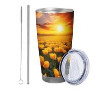 fiore con coperchio bicchiere Set Di 1 Paesaggio Paesaggio Natura Tramonto Romantico Nuvola Botanico Cottage arancione verde Isolato Riutilizzabile No Spill Infrangibile Yard Outdoor Picnic palestra