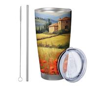 fiore con coperchio bicchiere Set Di 1 Pittura A Olio Natura Rustico Cottage Fattoria Pianta Albero Nuvola Erba arancione rosso Inossidabile Can Cooler No Spill Scuola college vivaio Stemless Doppia