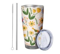 fiore con coperchio bicchiere Set di 1 Uccello Floreale Belle Foglie Grafica Carino Bambini Foglie rosa chiaro verde Acciaio Isolato Can Cooler Infrangibile Viaggio Piscina All'aperto bere tazza 590