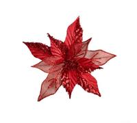 Fiore di Natale artificiale, 26 cm, rosso glitterato per stelo (rosso) | Diametro 26 cm, antere glitter rosse, tessuto e mix di PP, albero per inserto gambo, atmosfera festiva