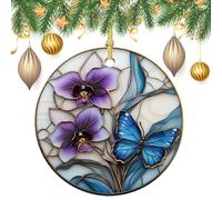 Fiore di orchidea in vetro colorato con una farfalla da appendere all'albero di Natale, 2 pezzi, 7,2 cm, rotondo su entrambi i lati
