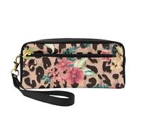 Fiore leopardo vintage stampato, Borsa per il trucco Borsa per cosmetici Borsa da viaggio portatile da toilette Astuccio in pelle per donne e ragazze
