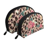 Fiore leopardo vintage stampato, Borsa per trucco a conchiglia Portamonete da donna Borsa da toilette piccola Borsa per cosmetici 2 pezzi