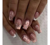 Fiore Press On Nails Primavera Floreale Falso Francese Tip Square Stick On Glossy Acrilico Artificiale 24Pcs Nail Decoration