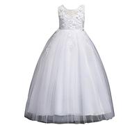 Fiore Ragazze Abito Principessa Senza Maniche Sezione Lunga Pizzo Tulle Maxi Elegante Princess Nozze Sposa Compleanno Festa A-Line Vestire Bambini Abito Formale Bianco 120