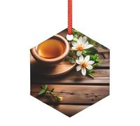 Fiore verde acqua su tavola di legno ornamento natalizio sposato, moderna alternativa acrilica a versatili ornamenti natalizi