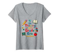 Fiorente nella mia Era di Prima elementare Maglietta con Collo a V, Donna, Grigio Melange, M