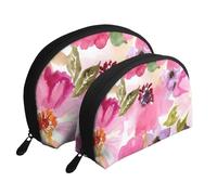 Fiori ad acquerello rosa fucsia, Borsa per trucco a conchiglia Portamonete da donna Borsa da toilette piccola Borsa per cosmetici 2 pezzi