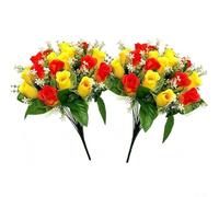 Fiori artificiali, confezione da 2 pezzi, colore rosso e giallo sfumato in | Rivestimento resistente ai raggi UV, gradiente rosso-giallo, non sbiadisce, all'aperto, pronto per cimitero