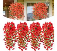 Fiori artificiali da appendere per esterni, 69 ipomee in seta resistenti ai raggi UV, fiori finti da appendere, fioriere da esterno per decorare giardino, veranda, finestra, matrimonio (Red,4Pack)