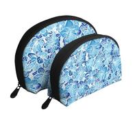 Fiori astratti blu, Borsa per trucco a conchiglia Portamonete da donna Borsa da toilette piccola Borsa per cosmetici 2 pezzi