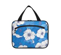 Fiori blu e bianchi Hanging Travel Toiletry Bag per gli uomini con il gancio, Designer borse impermeabili della medicina per papà Hotel bolsas para maquillaje de Mujer, Fiori blu e bianchi, L, casual