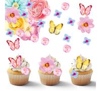 Fiori commestibili e farfalle per torte - Set decorativo da 52 pezzi, perfetto per feste di compleanno, matrimoni e torte per ragazze - Decorazioni colorate commestibili per i tuoi dolci e cupcake