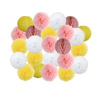 Fiori Di Carta 24 pezzi bomboniere da appendere pompon di carta for bambini e bambine compleanno blu scuro matrimonio eventi decorazione lanterne bianche(Yellow Pink Set,Small-8inch(20cm))