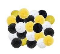 Fiori Di Carta 24 pezzi bomboniere da appendere pompon di carta for bambini e bambine compleanno blu scuro matrimonio eventi decorazione lanterne bianche(Black Yellow Set,Small-8inch(20cm))
