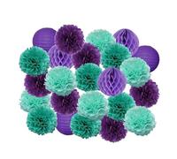 Fiori Di Carta 24 pezzi bomboniere da appendere pompon di carta for bambini e bambine compleanno blu scuro matrimonio eventi decorazione lanterne bianche(Purple Mint Set,Small-8inch(20cm))