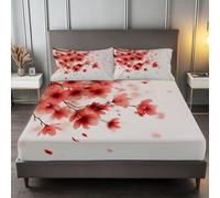 Fiori Di Ciliegio Da Sogno Lenzuolo con angoli profondo 30 cm, 135 x 190 cm Set letto in microfibra spazzolata morbida, facile da lavare, con 2 federe e lenzuolo con angoli elasticizzato, Crema
