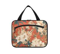 Fiori di giglio sfondo arancione stampe giapponesi woodblock appeso borsa da viaggio appeso con gancio, designer borsa da viaggio compatta articoli da toeletta per gli elementi essenziali per le donne