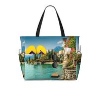 Fiori di oleandro e Villa Monastero a, Lago di Como, Varenna Borsa da spiaggia grande da donna con cerniera e tasca impermeabile, borsa da palestra leggera e pieghevole per viaggi, spesa, nuoto, spor