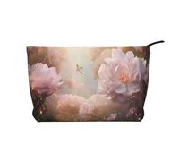 Fiori di peonia nella borsa cosmetica stampata del velluto a coste del sogno, borsa impermeabile di stoccaggio degli articoli da toeletta di viaggio, Nero , Taglia unica