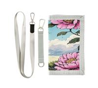 Fiori di pesca Romantico Torre Eiffel trifold mens portafoglio per donna nylon portafogli colorati per gli uomini con cordino billetera minimalista para hombre, Fiori di pesca Torre Eiffel romantica