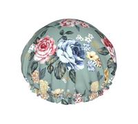 Fiori di rosa su sfondo verde,Cuffia da doccia, cuffia da notte, doppio strato, impermeabile, elastica, riutilizzabile.