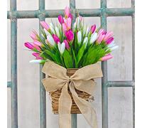 Fiori di tulipano artificiale, cartello di benvenuto sul patio, porta