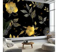 Fiori Dorati E Foglie Disegnati A Mano Carta da Parati In Tessuti non Tessuti 400 x 280 cm Murali, Nero Fotomurale Murale Soggiorno Camera da Letto Cameretta Dei Bambini Decorazione