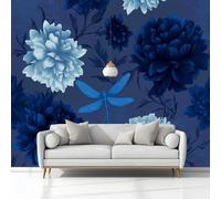 Fiori E Libellule Disegnati A Mano Carta da Parati In Tessuti non Tessuti 250 x 175 cm Murali, Blu Scuro Fotomurale Murale, Soggiorno Camera da Letto Cameretta Dei Bambini Decorazione