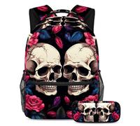 Fiori e teschio si preparano per il successo con il nostro set di 2 zaini per bambini, perfetto per ragazzi, ragazze, adolescenti, dotato di uno zaino di grande capacità e un astuccio, Multicolore#03,